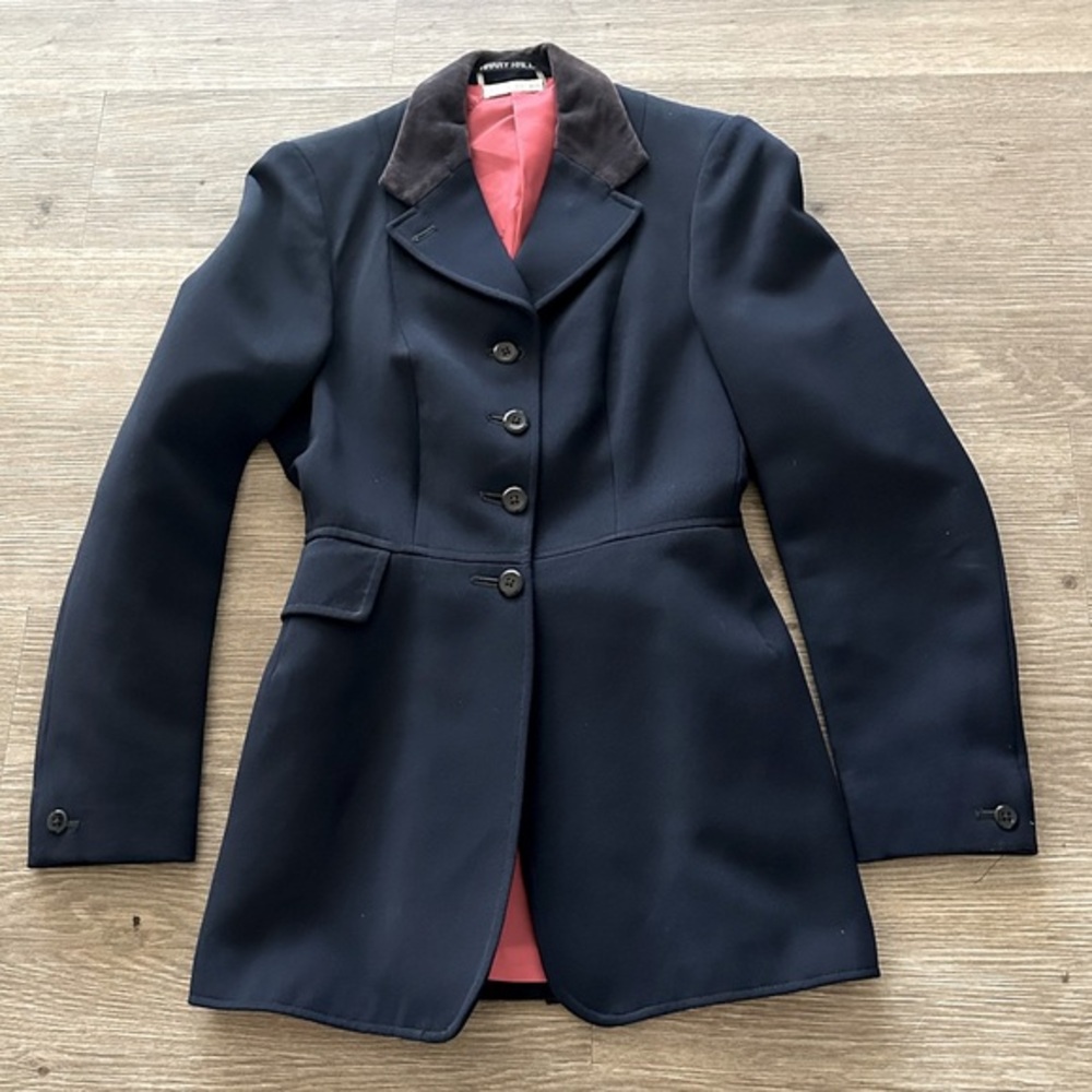 Vintage Harry Hall Navy Blue Horse Riding Equestrian Velvet Trim Lined Jacket